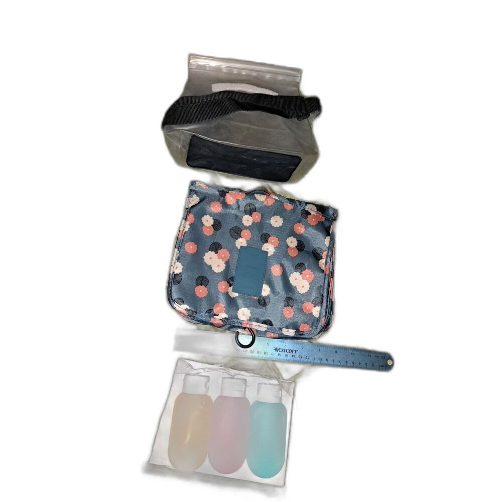 NEW Tri-fold Toiletry Travel Bag with plastic bottles and waterproof shower bag